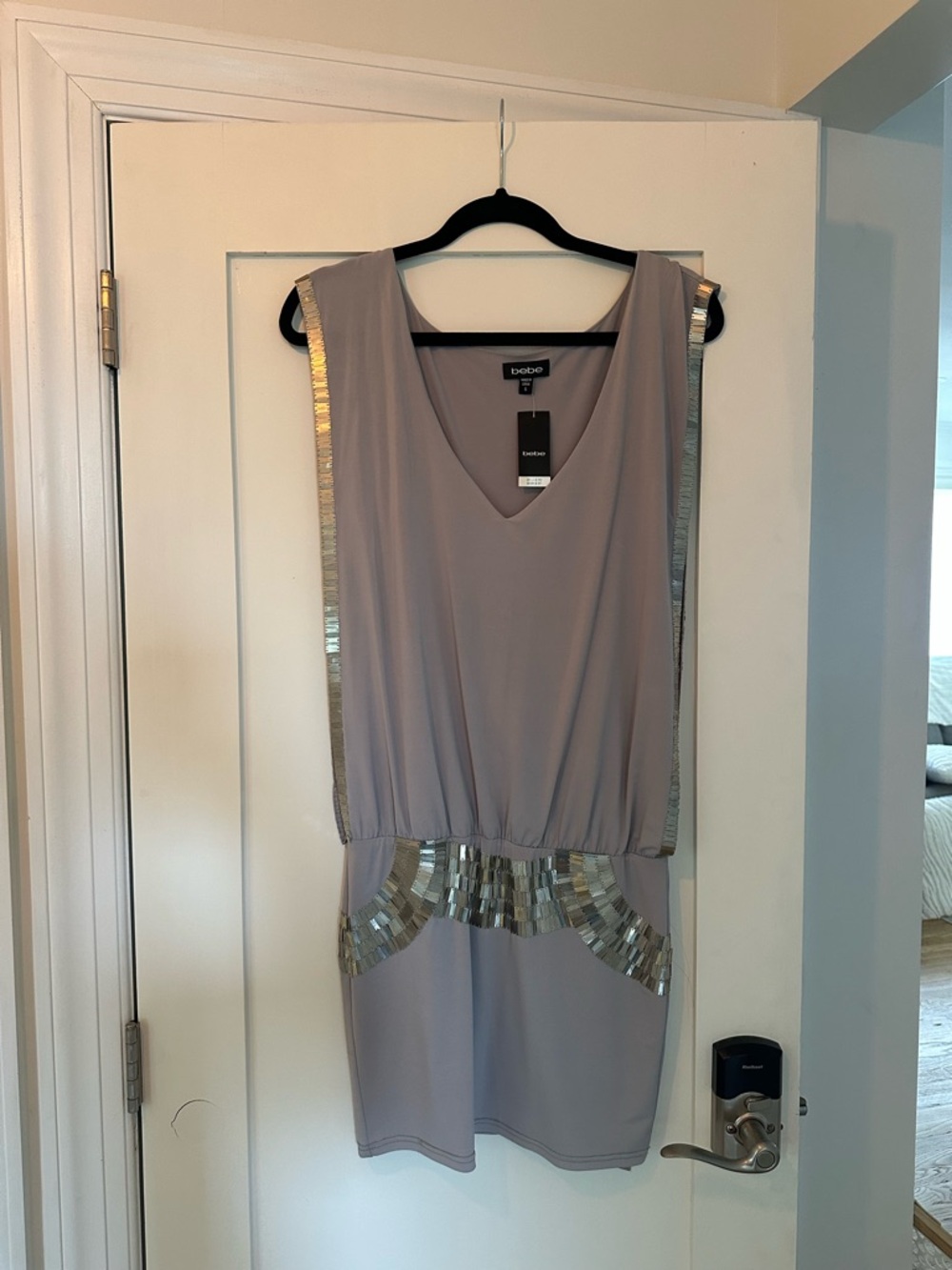 bebe Light Gray Sleeveless V-Neck Dress with Silver Sequin Trim NWT